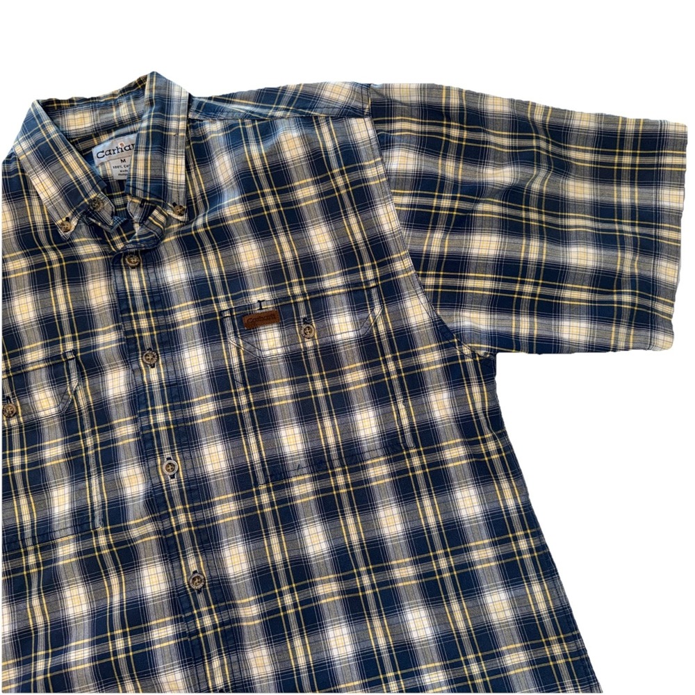 Carhartt Mens Blue Yellow Plaid Short Sleeve Button Down Work Shirt M Cotton